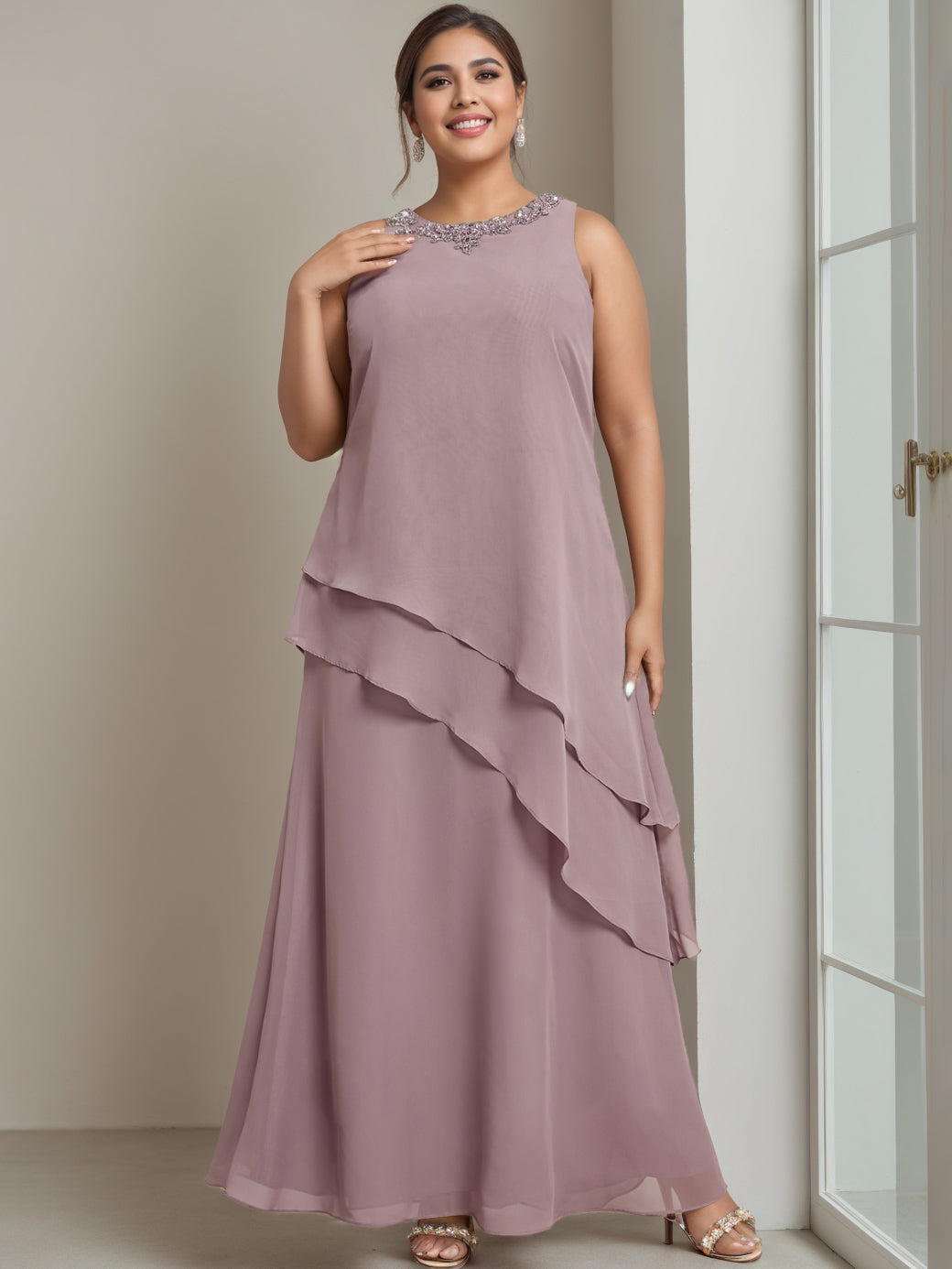 A-Line/Princess Scoop Sleeveless Floor-Length Plus Size Mother of the Bride Long Dresses with Beading - 画像 (3)