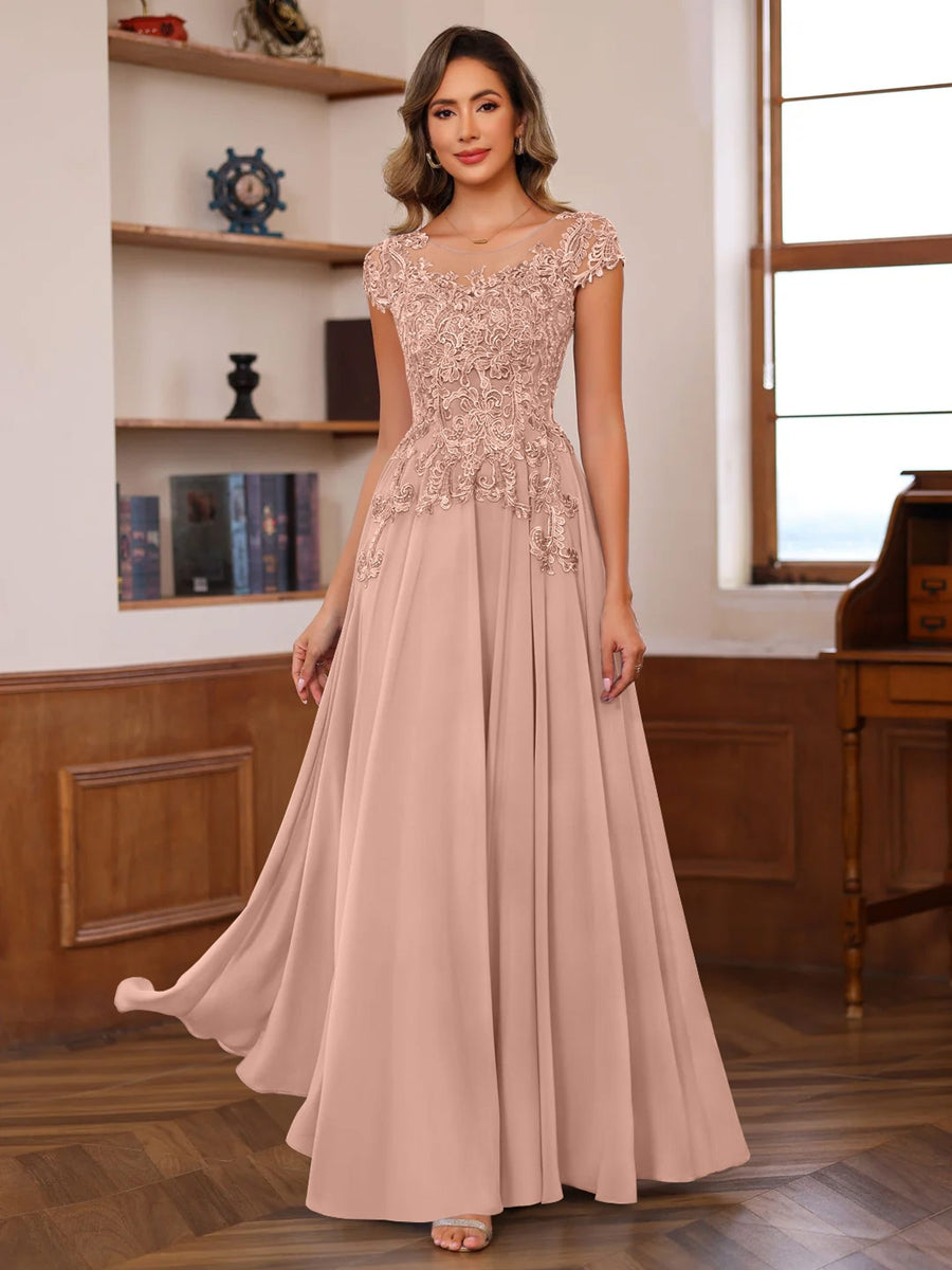 A-Line/Princess Scoop Neck Short Sleeves Floor-Length Mother of the Bride Dresses with Appliques - 이미지 23