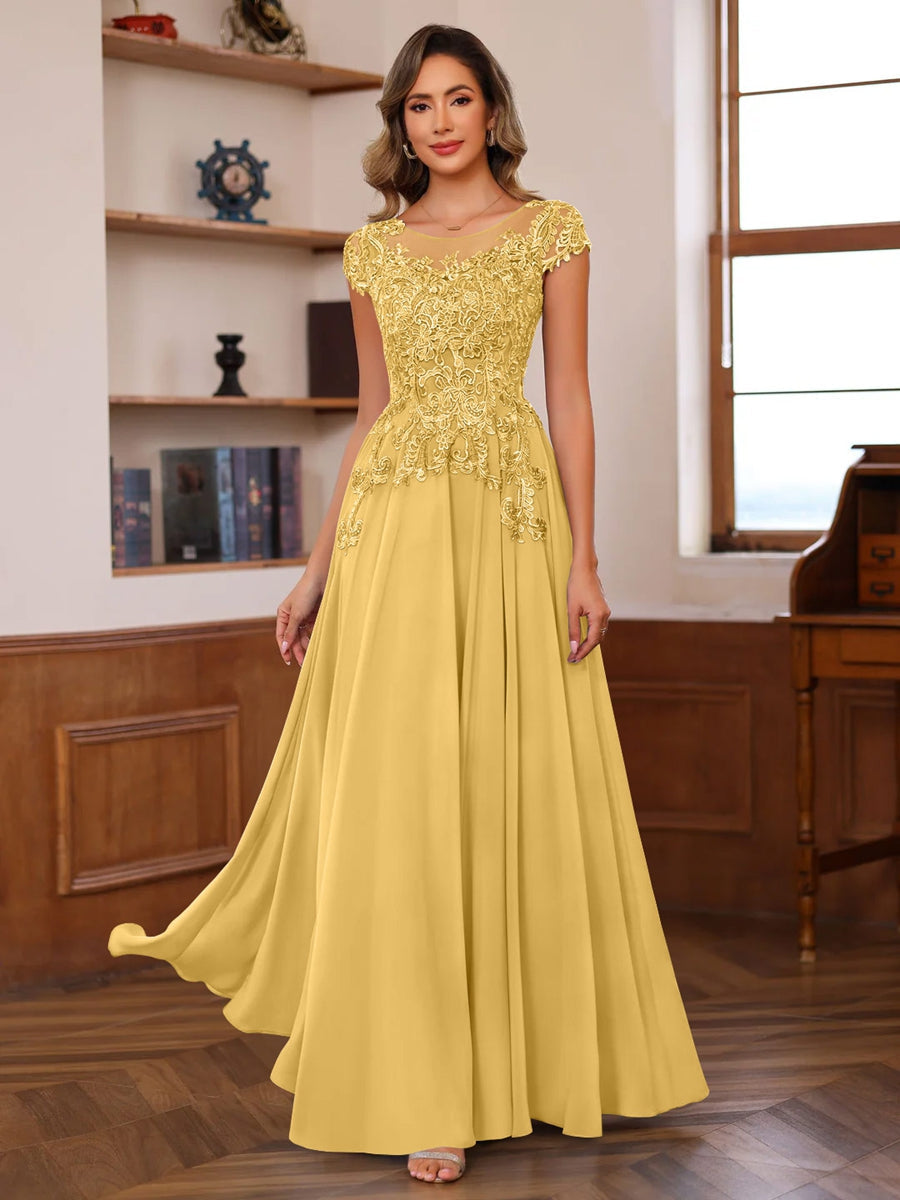 A-Line/Princess Scoop Neck Short Sleeves Floor-Length Mother of the Bride Dresses with Appliques - 이미지 26