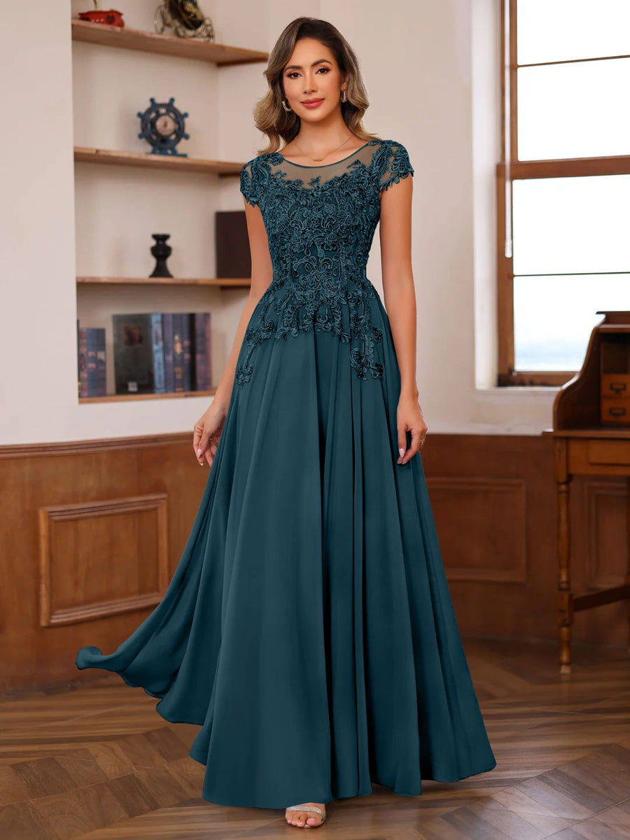 A-Line/Princess Scoop Neck Short Sleeves Floor-Length Mother of the Bride Dresses with Appliques - 이미지 29