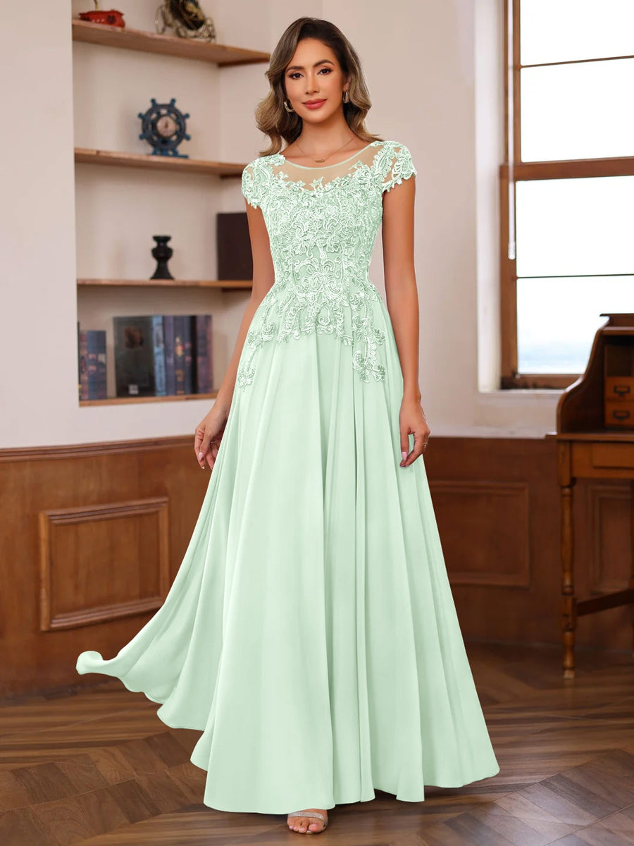 A-Line/Princess Scoop Neck Short Sleeves Floor-Length Mother of the Bride Dresses with Appliques - 이미지 35