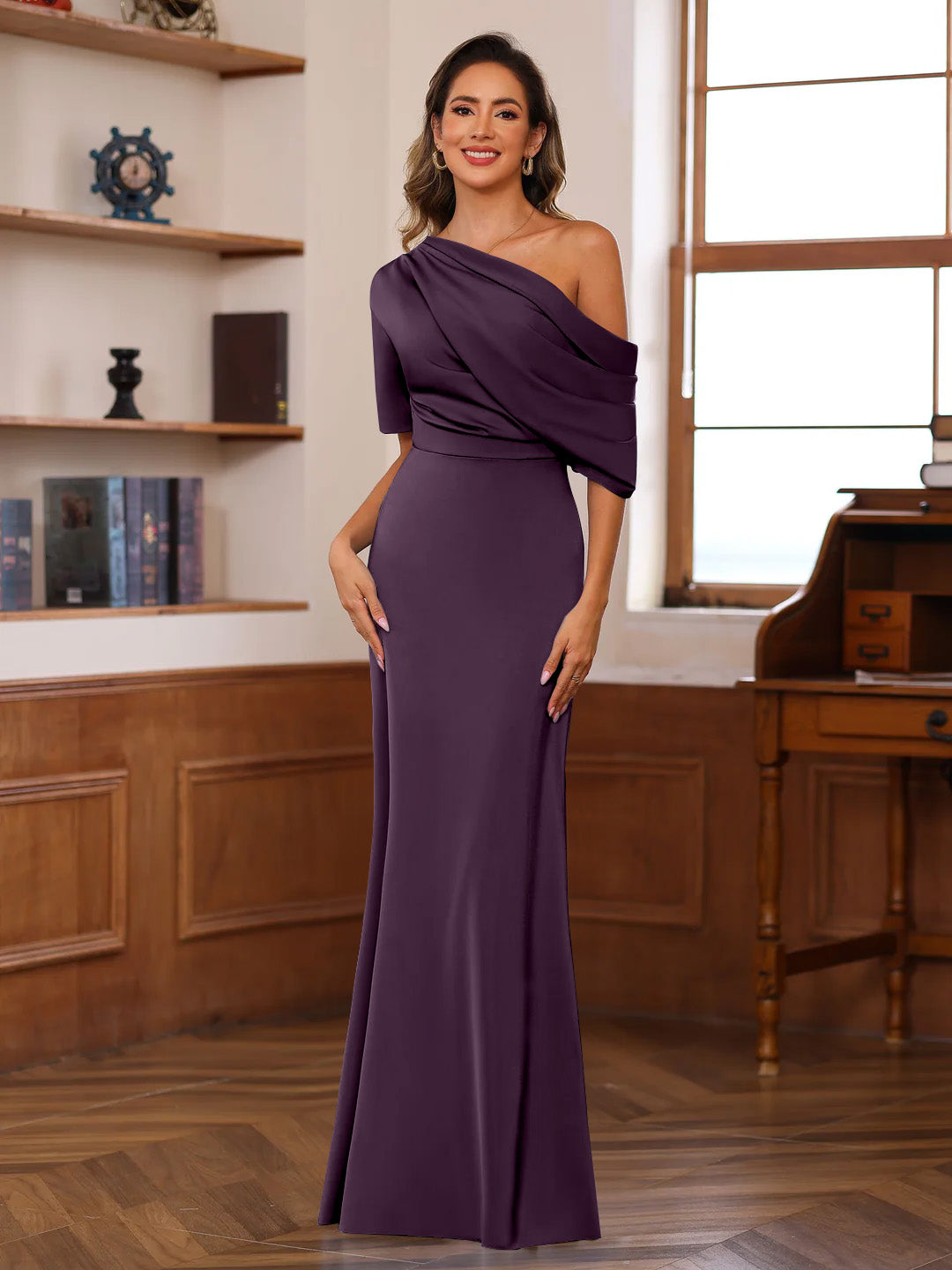 Sheath/Column One-Shoulder Half Sleeves Floor-Length Silk Satin Mother of the Bride Dresses with Ruffles - Image 29