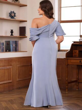 Sheath/Column One-Shoulder Half Sleeves Floor-Length Silk Satin Plus Size Mother of the Bride Dresses with Ruffles