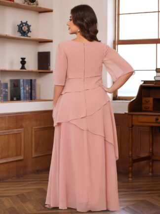 A-Line/Princess Scoop Neck Half Sleeves Floor-Length Plus Size Mother of the Bride Dresses with Ruffles