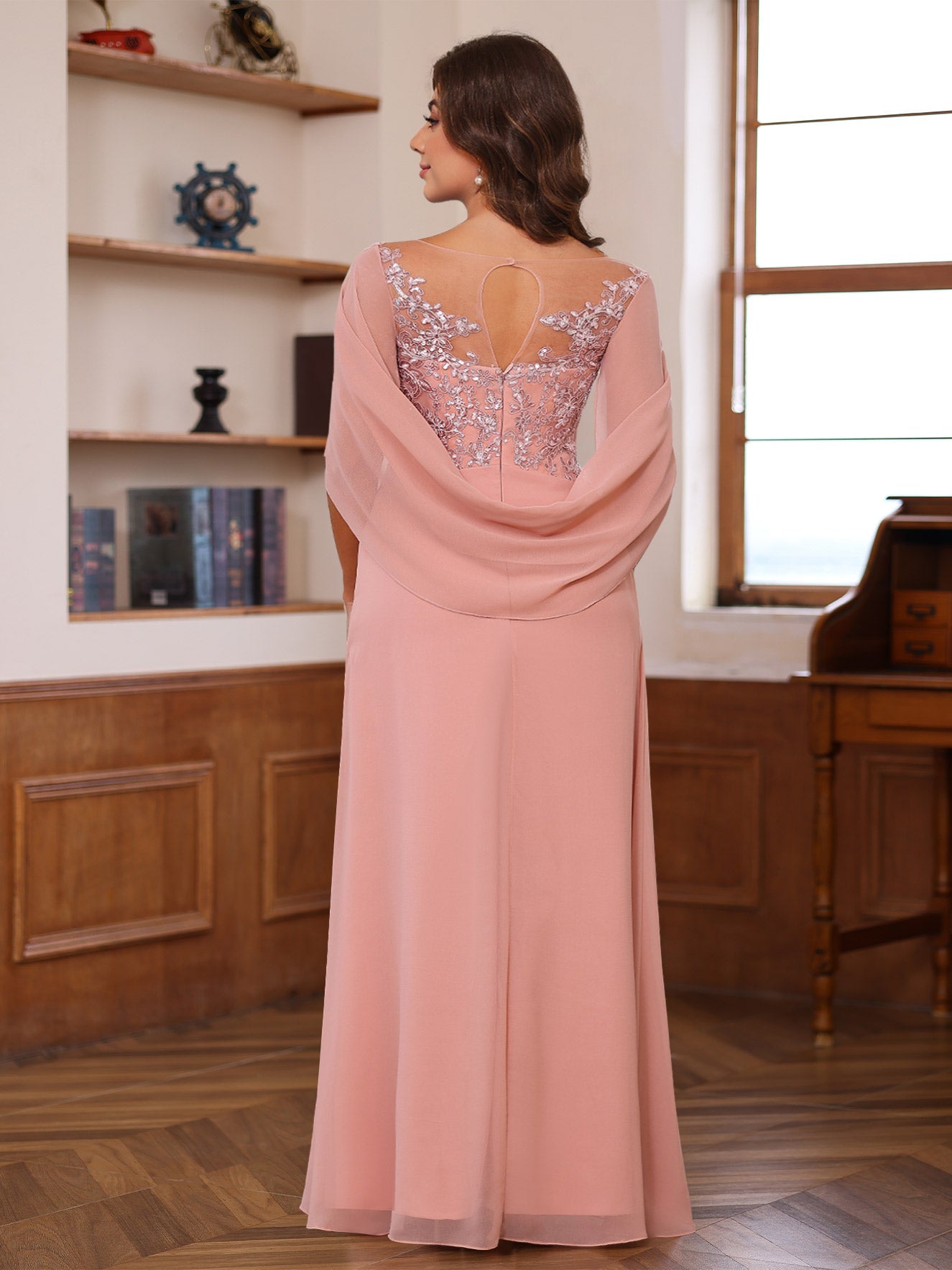 A-Line/Princess Scoop Floor-Length Mother of the Bride Outfits with Pleated & Sequins - Image 4