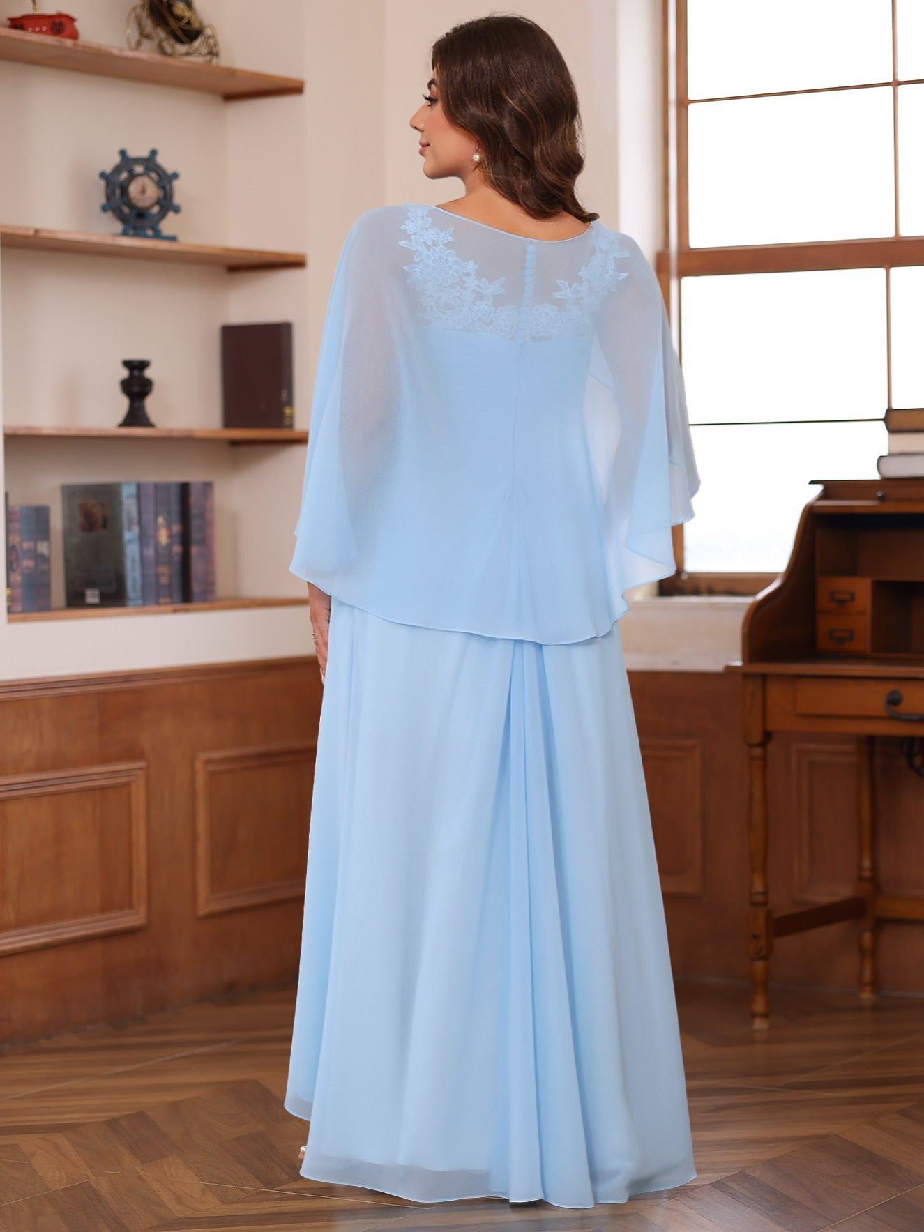 A-Line/Princess V-Neck 2 Pics Floor-Length Mother of the Bride Dresses with Appliques, Ruffles & Wrap - Image 4
