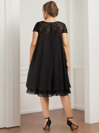 A-Line/Princess Scoop Illusion Neck Short Sleeves Knee-Length Plus Size Mother of the Bride Dresses with Beads & Sequins