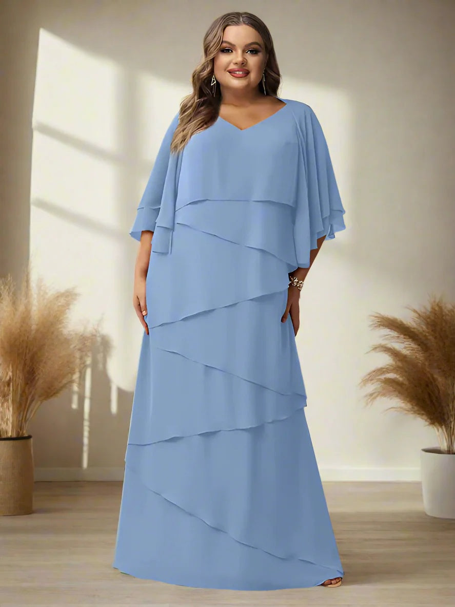 A-Line/Princess V-Neck Half Sleeves Floor-Length Regular & Plus Size Mother of the Bride Dresses with Ruffles