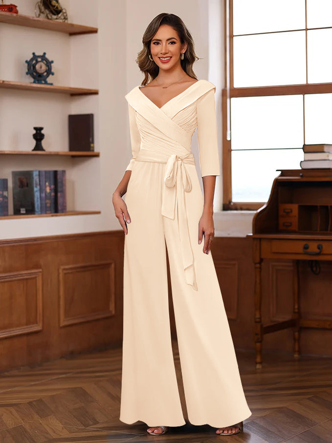 Ruched Chiffon V-Neck 3/4 Sleeves Mother of the Jumpsuit - Image 36