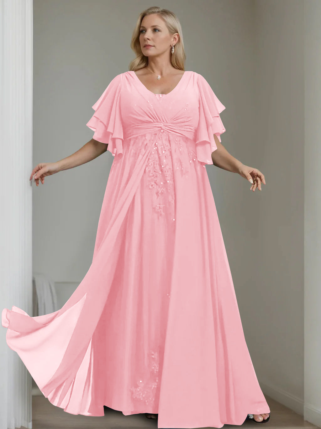 A-Line/Princess V-Neck Half Sleeves Floor-Length Unique Plus Size Mother of the Bride Dresses with Sequins & Ruffles - 이미지 7