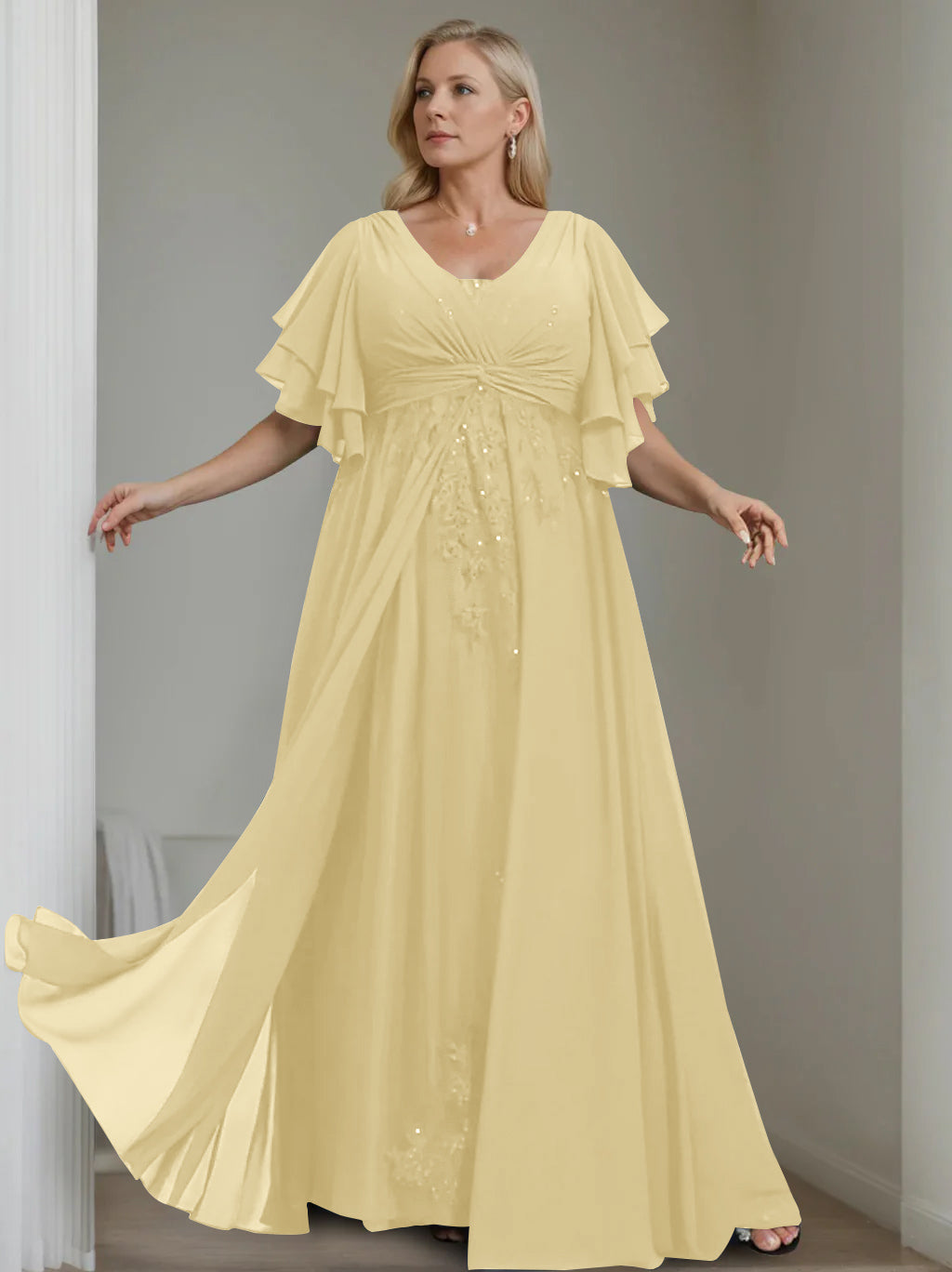 A-Line/Princess V-Neck Half Sleeves Floor-Length Unique Plus Size Mother of the Bride Dresses with Sequins & Ruffles - 이미지 9