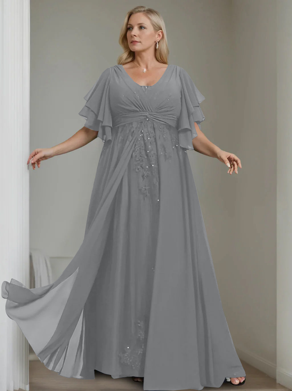 A-Line/Princess V-Neck Half Sleeves Floor-Length Unique Plus Size Mother of the Bride Dresses with Sequins & Ruffles - 이미지 10