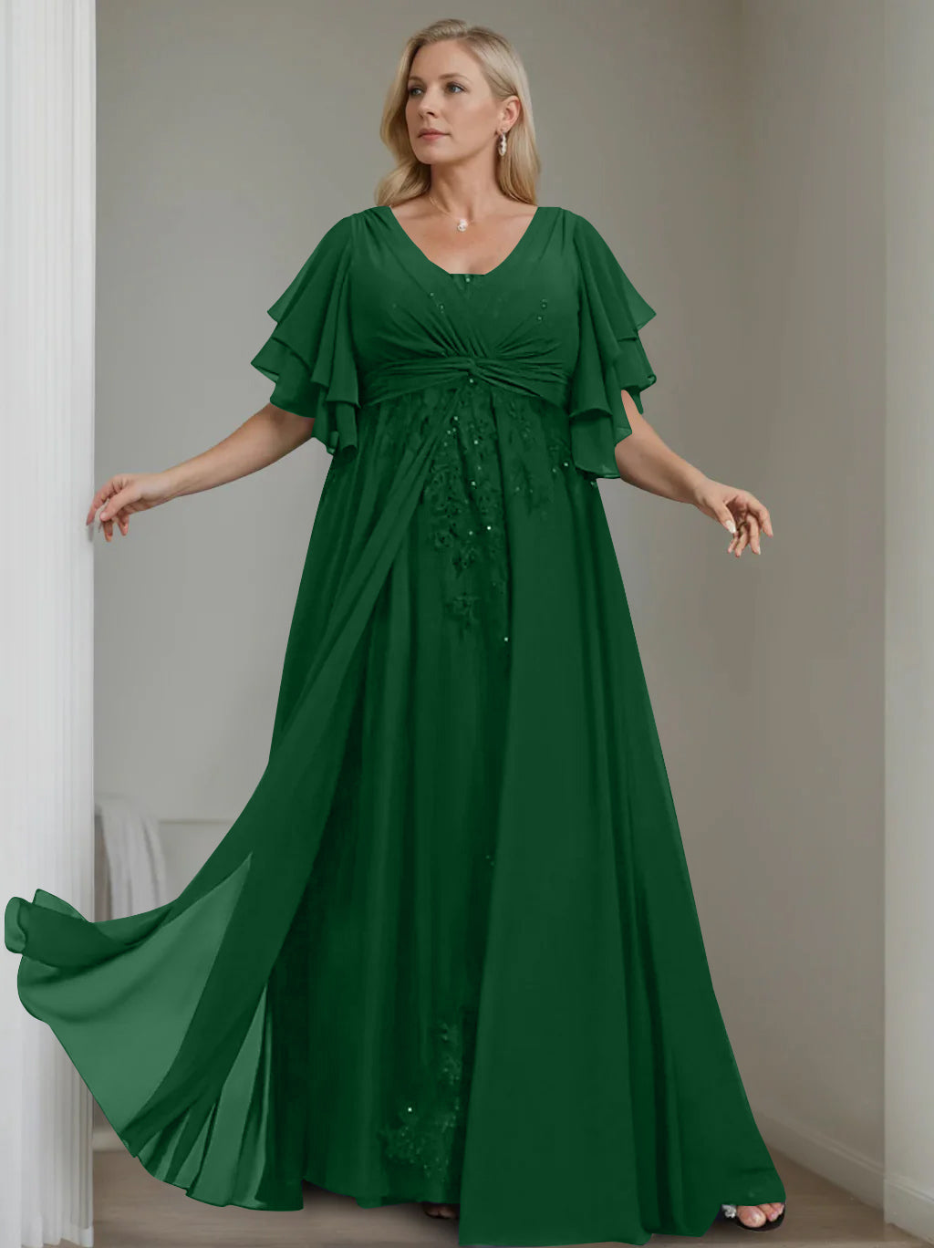A-Line/Princess V-Neck Half Sleeves Floor-Length Unique Plus Size Mother of the Bride Dresses with Sequins & Ruffles - 이미지 14