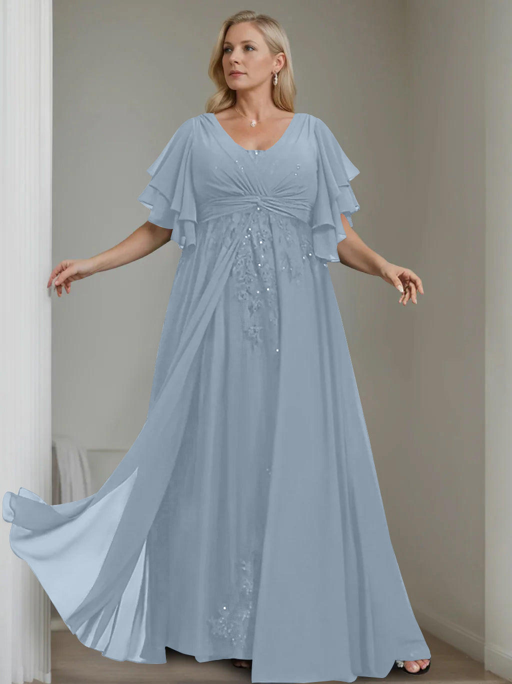 A-Line/Princess V-Neck Half Sleeves Floor-Length Unique Plus Size Mother of the Bride Dresses with Sequins & Ruffles - 이미지 17