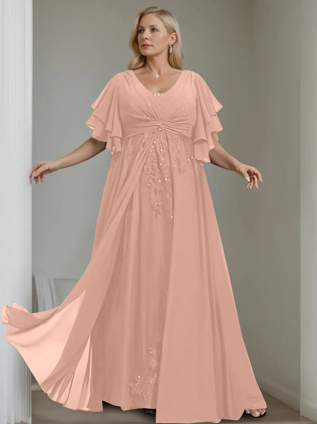 A-Line/Princess V-Neck Half Sleeves Floor-Length Unique Plus Size Mother of the Bride Dresses with Sequins & Ruffles - 이미지 18