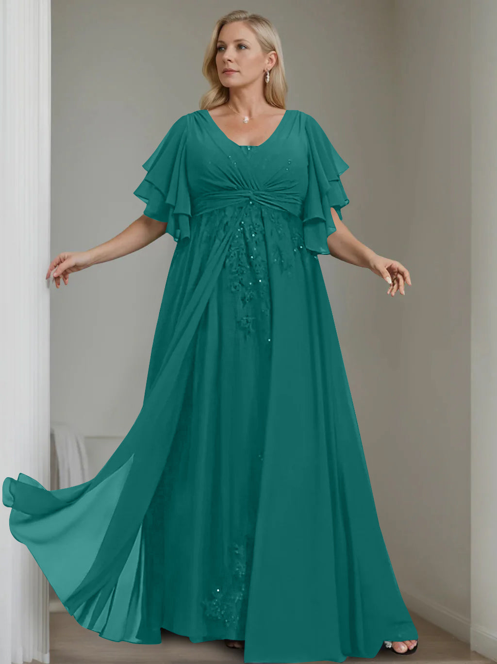 A-Line/Princess V-Neck Half Sleeves Floor-Length Unique Plus Size Mother of the Bride Dresses with Sequins & Ruffles - 이미지 19