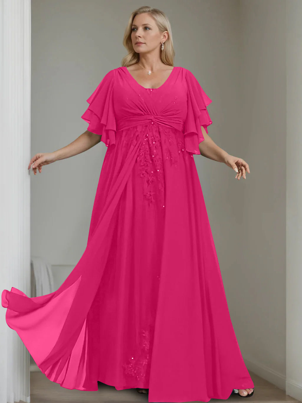 A-Line/Princess V-Neck Half Sleeves Floor-Length Unique Plus Size Mother of the Bride Dresses with Sequins & Ruffles - 이미지 20