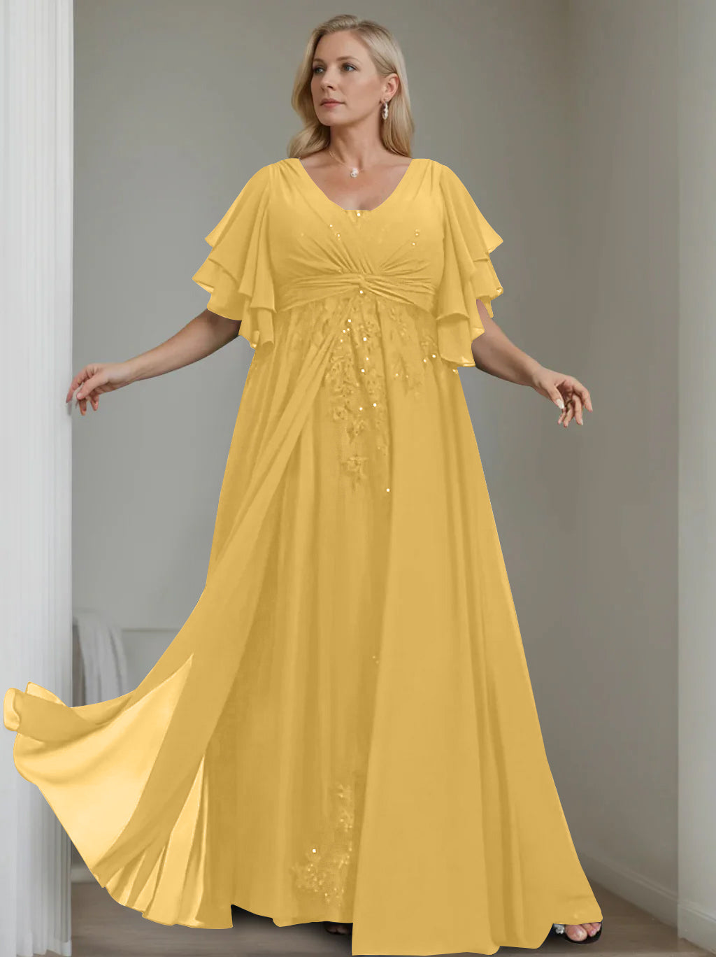 A-Line/Princess V-Neck Half Sleeves Floor-Length Unique Plus Size Mother of the Bride Dresses with Sequins & Ruffles - 이미지 21