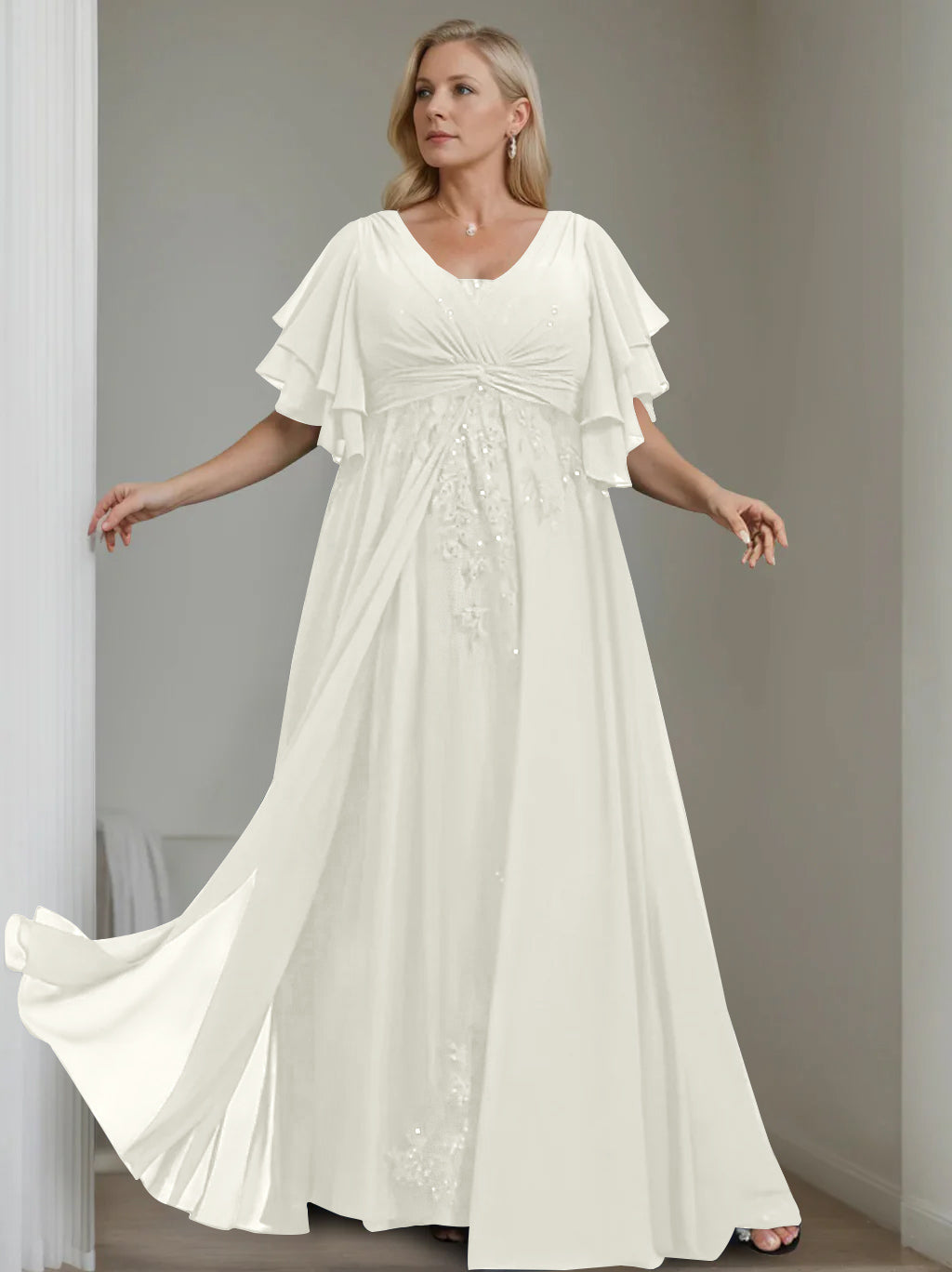 A-Line/Princess V-Neck Half Sleeves Floor-Length Unique Plus Size Mother of the Bride Dresses with Sequins & Ruffles - 이미지 25