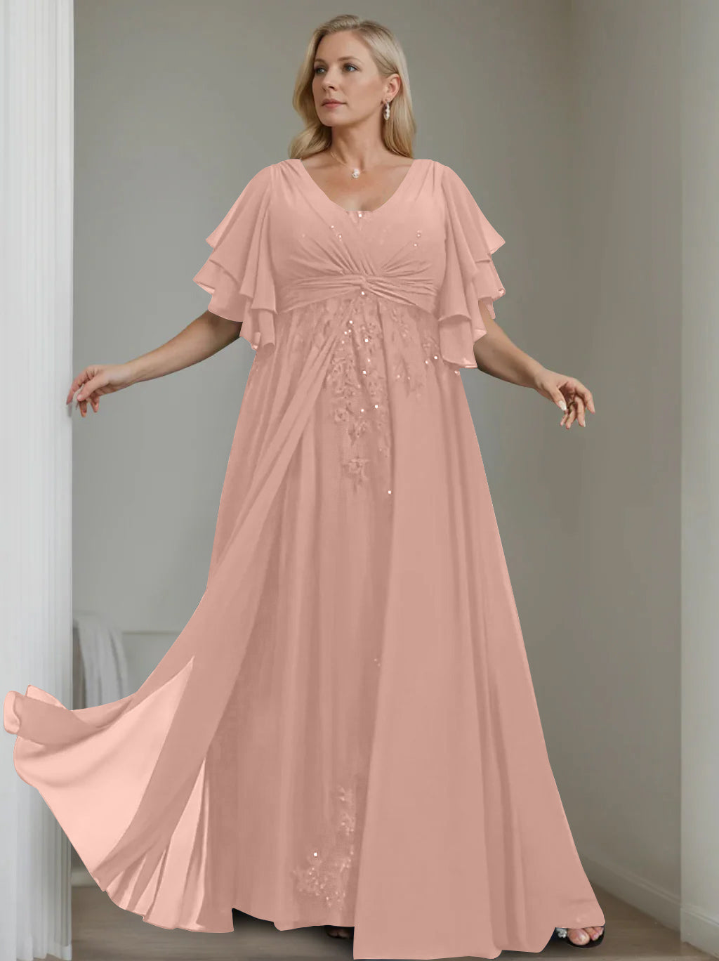 A-Line/Princess V-Neck Half Sleeves Floor-Length Unique Plus Size Mother of the Bride Dresses with Sequins & Ruffles - 이미지 29