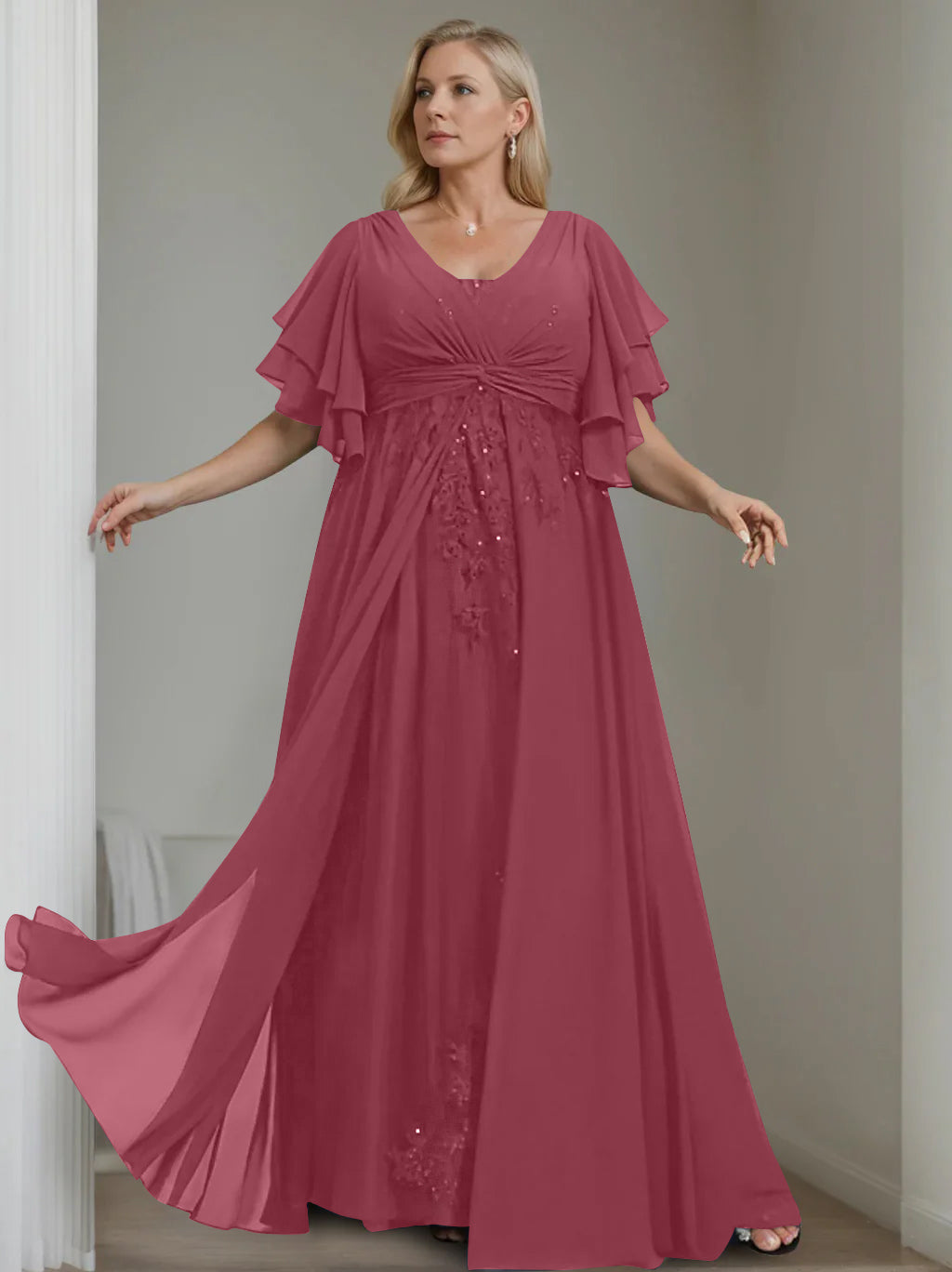 A-Line/Princess V-Neck Half Sleeves Floor-Length Unique Plus Size Mother of the Bride Dresses with Sequins & Ruffles - 이미지 31