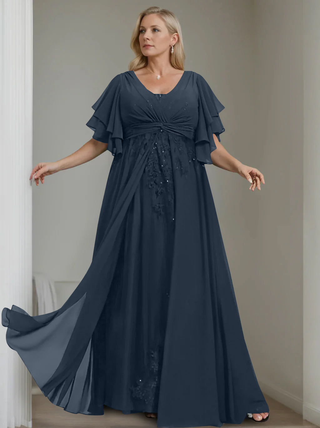 A-Line/Princess V-Neck Half Sleeves Floor-Length Unique Plus Size Mother of the Bride Dresses with Sequins & Ruffles - 이미지 32