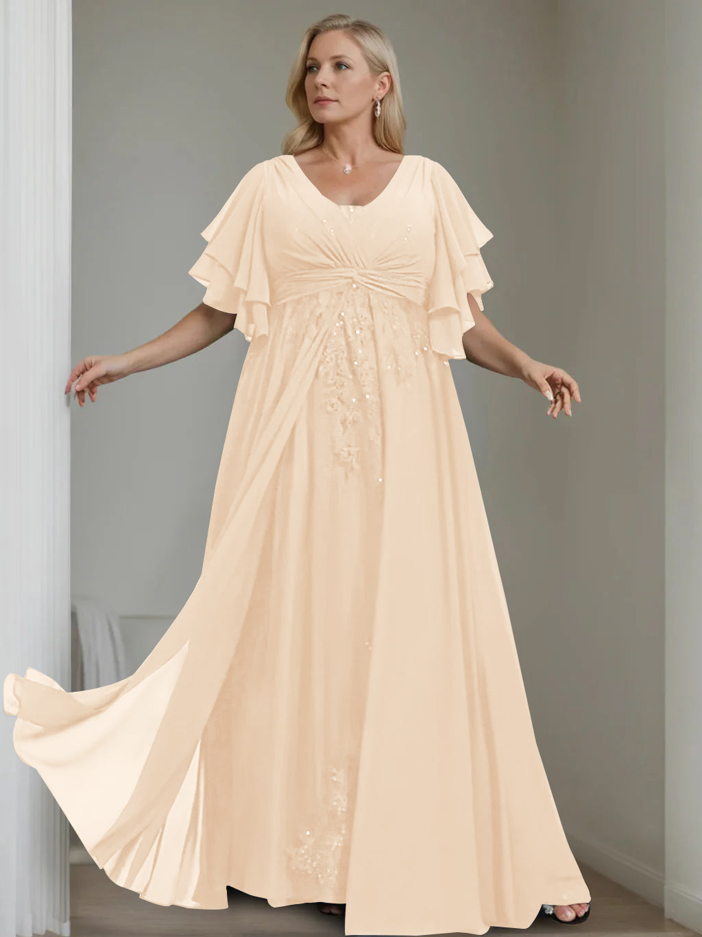 A-Line/Princess V-Neck Half Sleeves Floor-Length Unique Plus Size Mother of the Bride Dresses with Sequins & Ruffles - 이미지 37