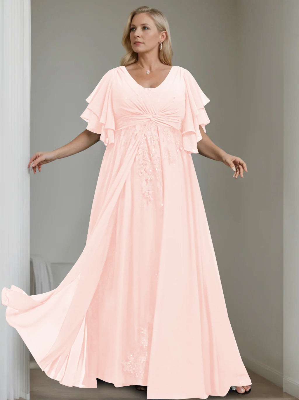 A-Line/Princess V-Neck Half Sleeves Floor-Length Unique Plus Size Mother of the Bride Dresses with Sequins & Ruffles - 이미지 38