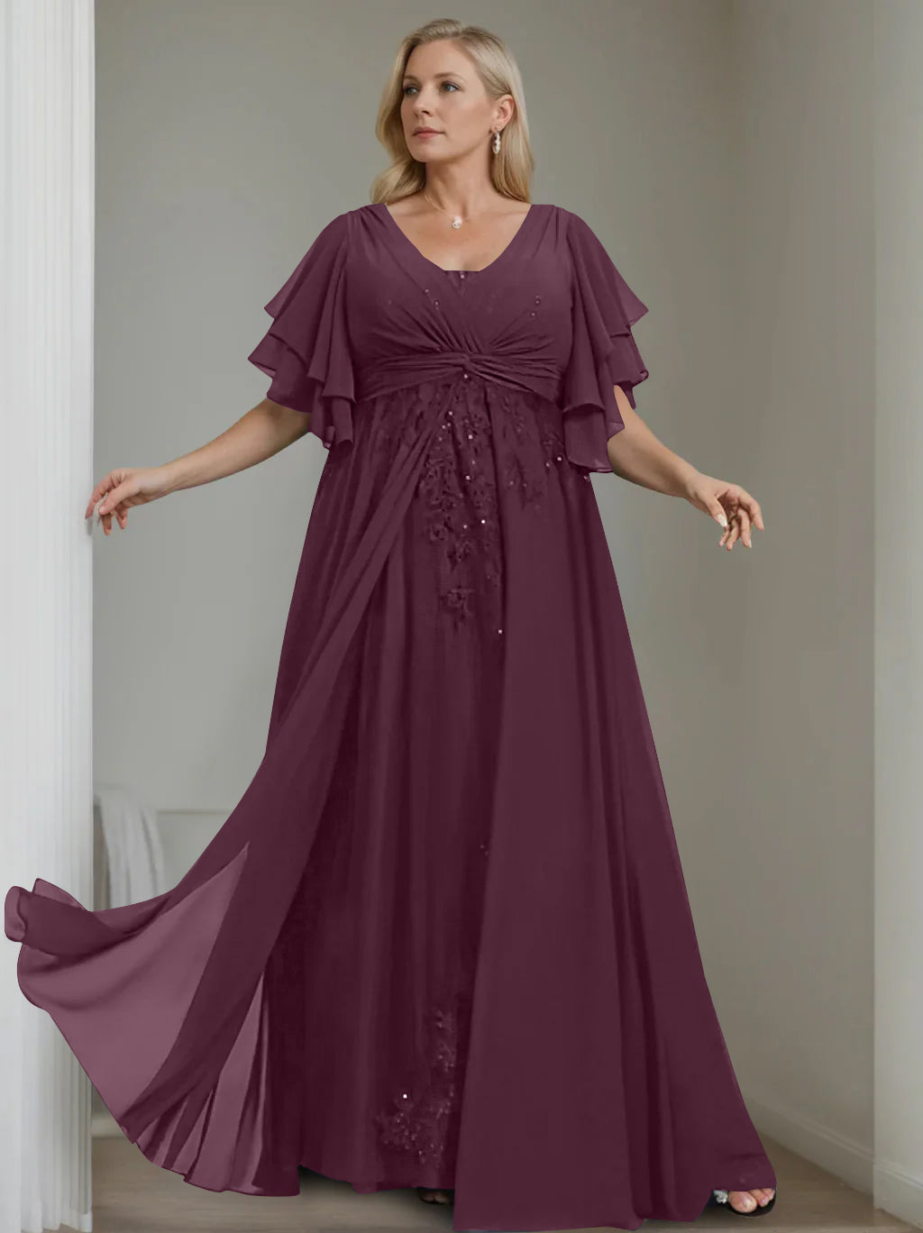 A-Line/Princess V-Neck Half Sleeves Floor-Length Unique Plus Size Mother of the Bride Dresses with Sequins & Ruffles - 이미지 39