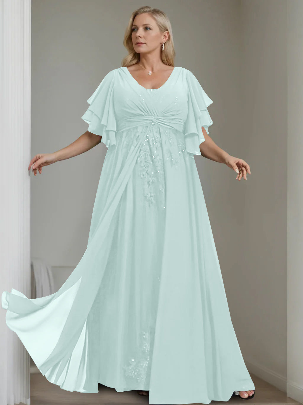 A-Line/Princess V-Neck Half Sleeves Floor-Length Unique Plus Size Mother of the Bride Dresses with Sequins & Ruffles - 이미지 46