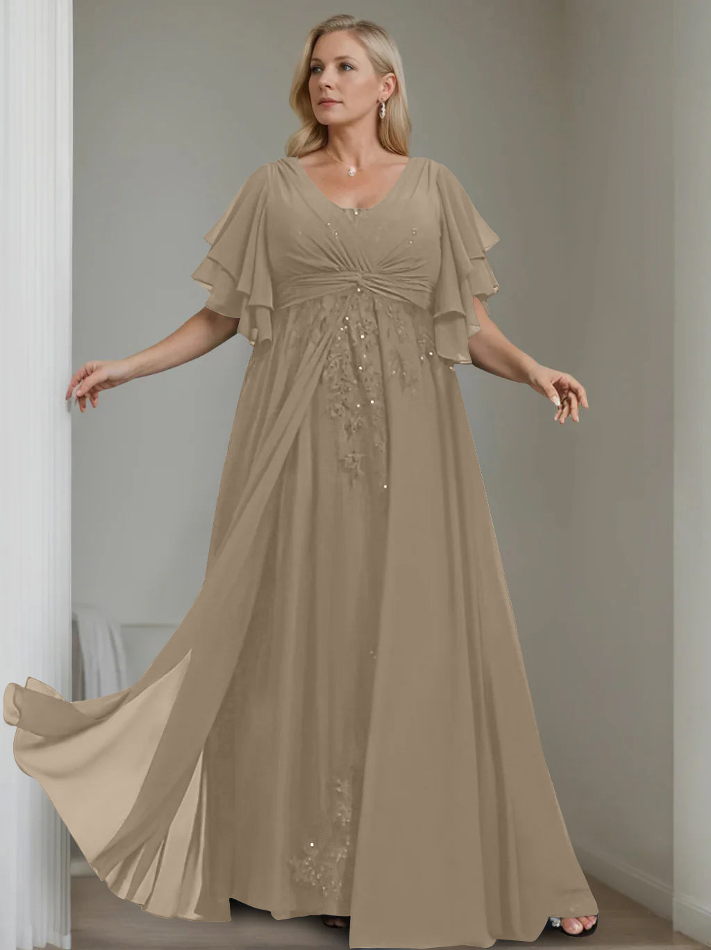 A-Line/Princess V-Neck Half Sleeves Floor-Length Unique Plus Size Mother of the Bride Dresses with Sequins & Ruffles - 이미지 50