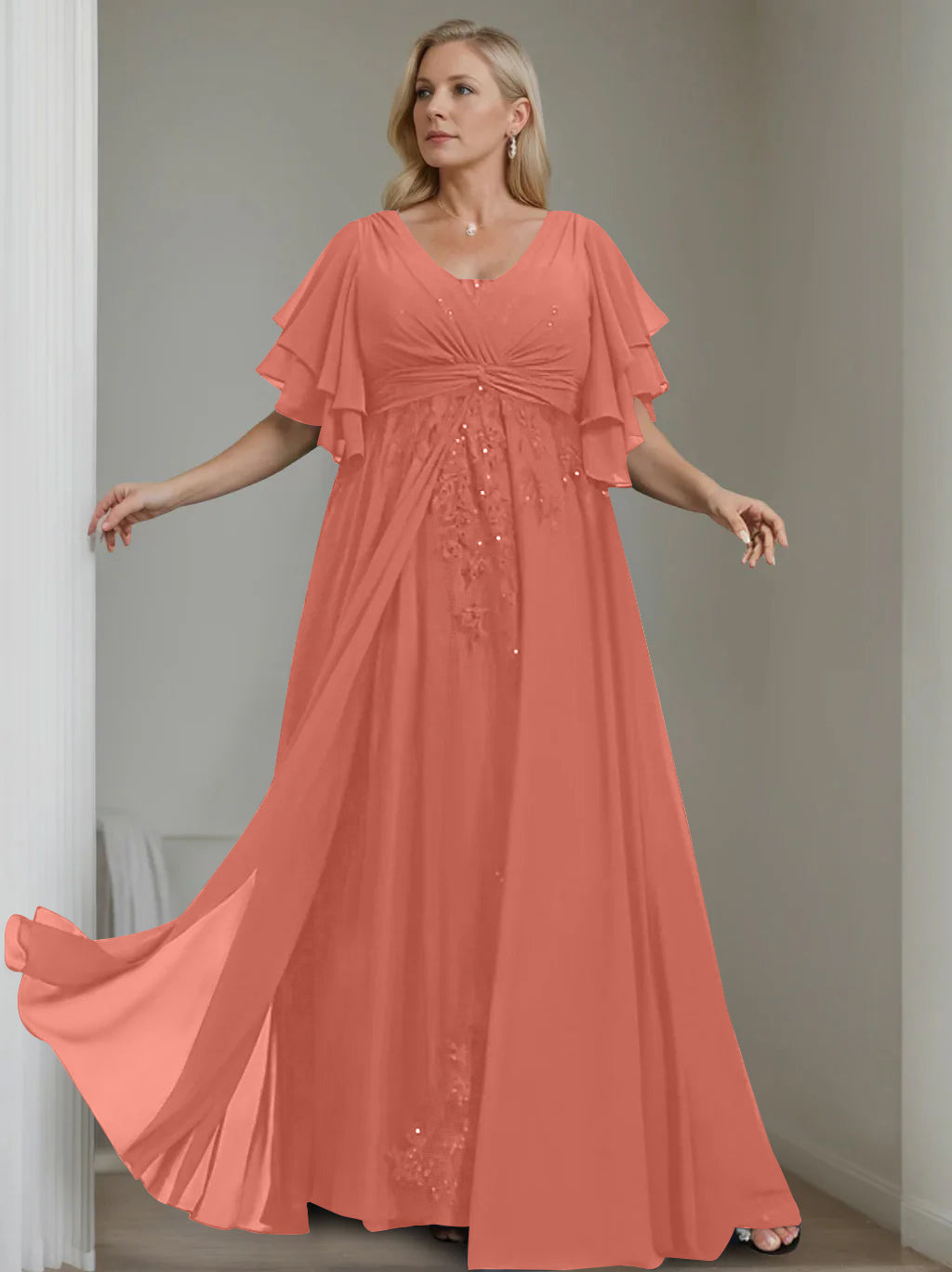 A-Line/Princess V-Neck Half Sleeves Floor-Length Unique Plus Size Mother of the Bride Dresses with Sequins & Ruffles - 이미지 51