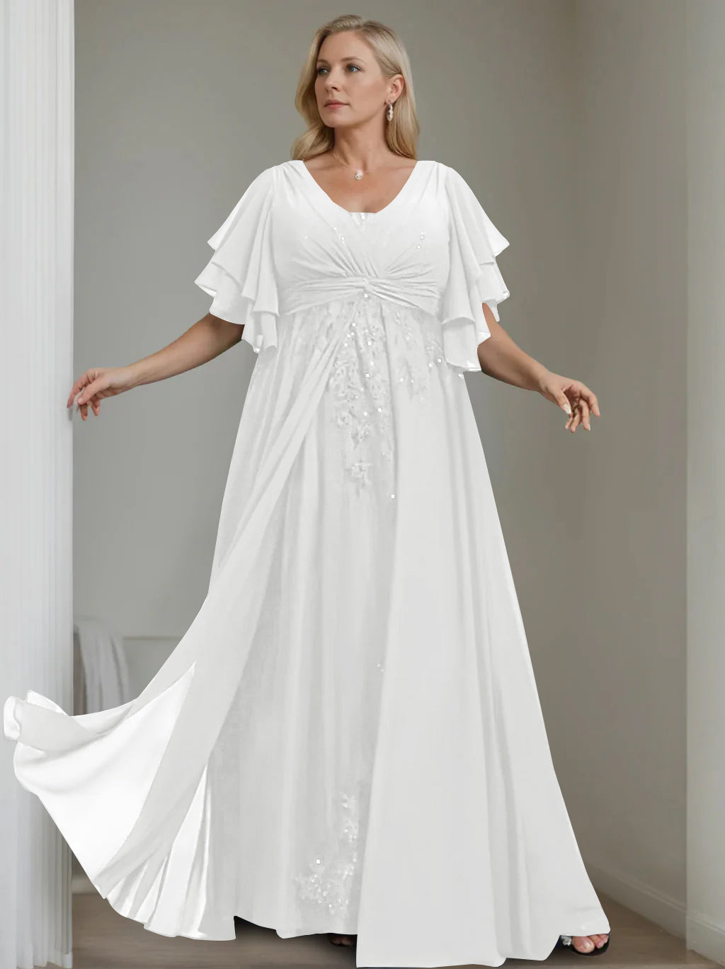 A-Line/Princess V-Neck Half Sleeves Floor-Length Unique Plus Size Mother of the Bride Dresses with Sequins & Ruffles - 이미지 52
