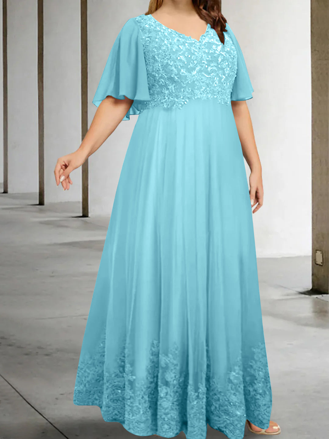 A-Line/Princess V-Neck Half Sleeves Floor-Length Plus Size Mother of the Bride Dresses with Appliques - Image 4