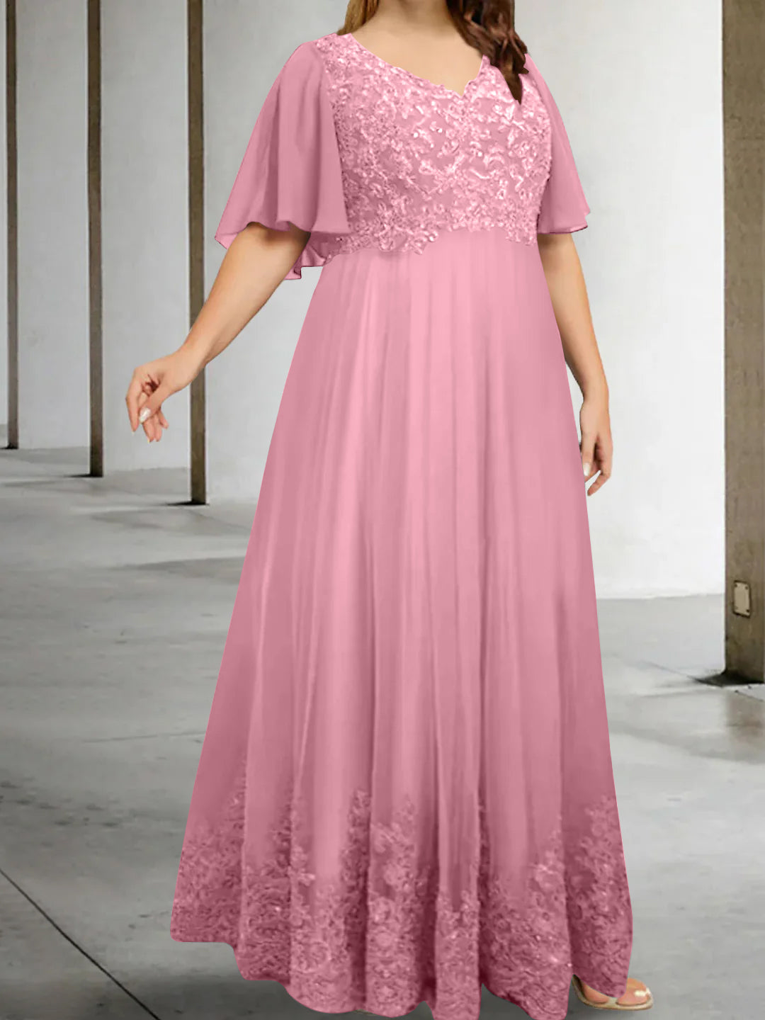 A-Line/Princess V-Neck Half Sleeves Floor-Length Plus Size Mother of the Bride Dresses with Appliques - Image 7