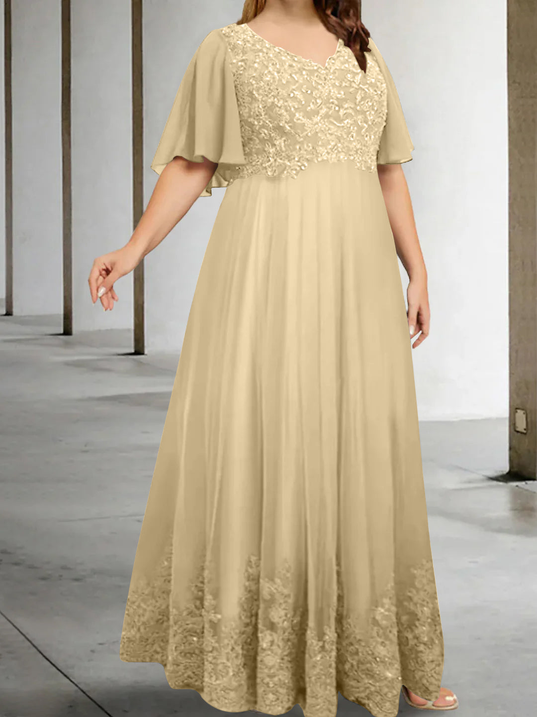 A-Line/Princess V-Neck Half Sleeves Floor-Length Plus Size Mother of the Bride Dresses with Appliques - Image 9