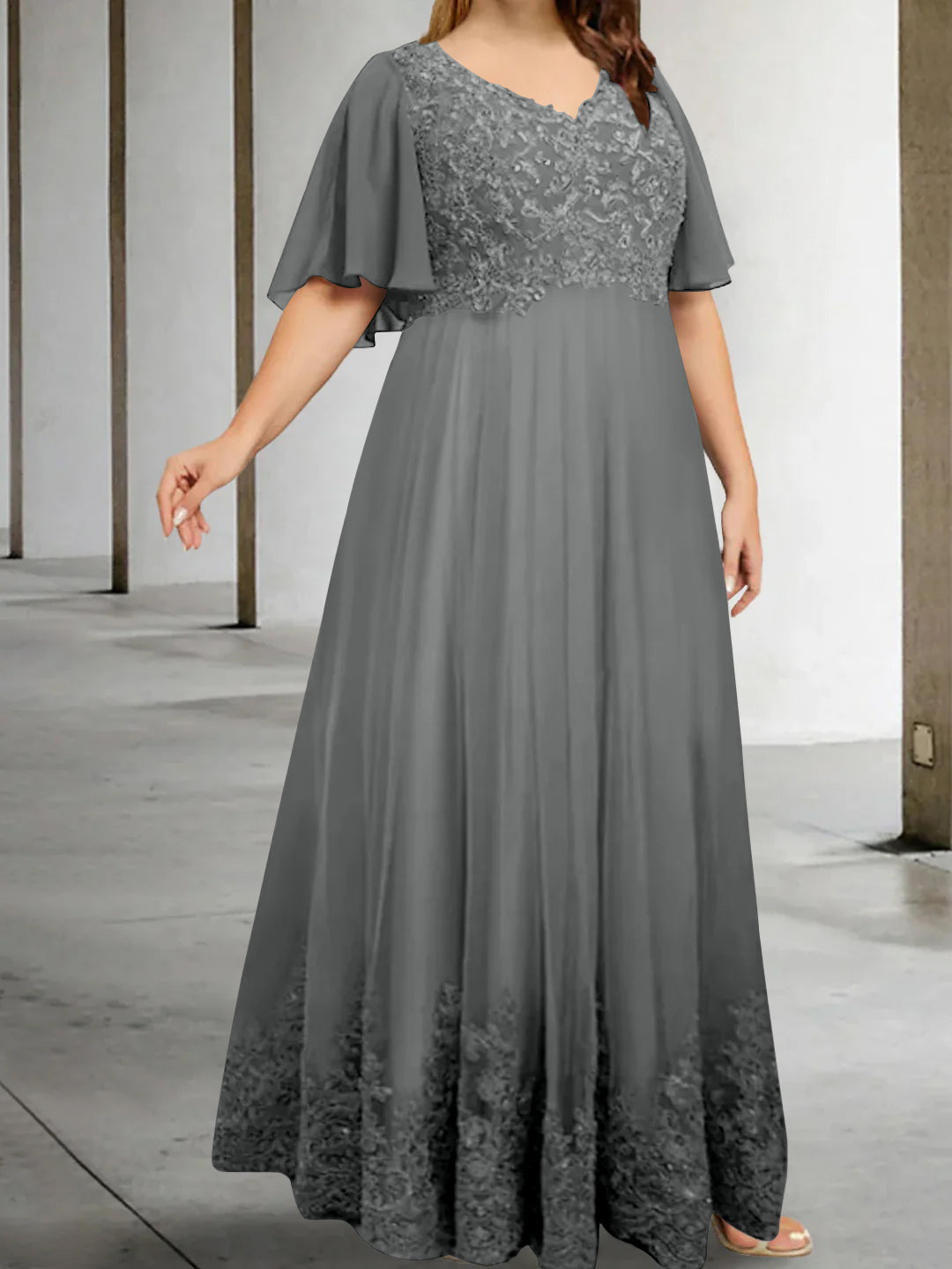 A-Line/Princess V-Neck Half Sleeves Floor-Length Plus Size Mother of the Bride Dresses with Appliques - Image 10