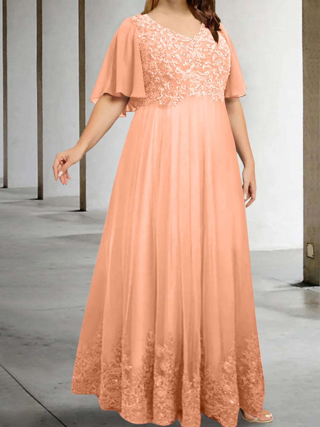 A-Line/Princess V-Neck Half Sleeves Floor-Length Plus Size Mother of the Bride Dresses with Appliques - Image 12