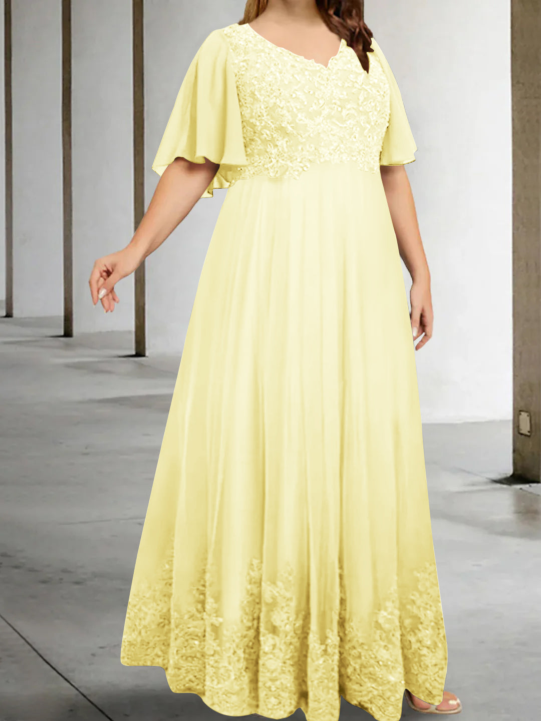A-Line/Princess V-Neck Half Sleeves Floor-Length Plus Size Mother of the Bride Dresses with Appliques - Image 13