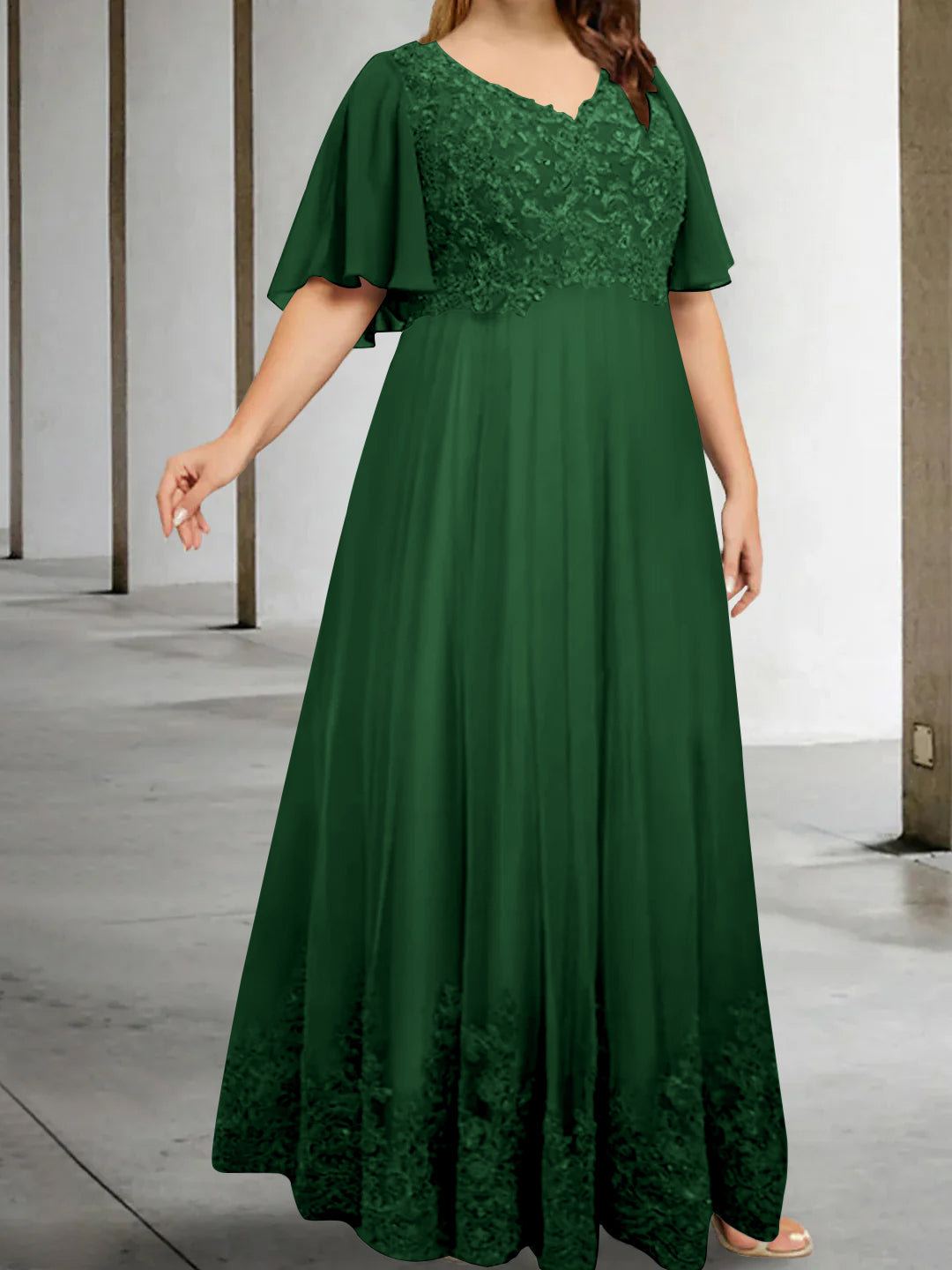 A-Line/Princess V-Neck Half Sleeves Floor-Length Plus Size Mother of the Bride Dresses with Appliques - Image 14