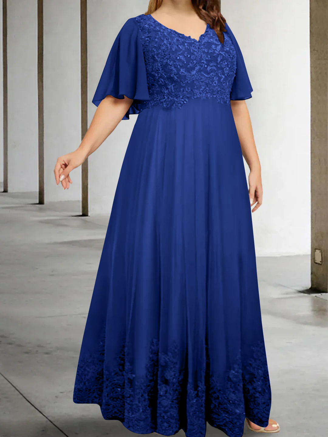 A-Line/Princess V-Neck Half Sleeves Floor-Length Plus Size Mother of the Bride Dresses with Appliques - Image 15