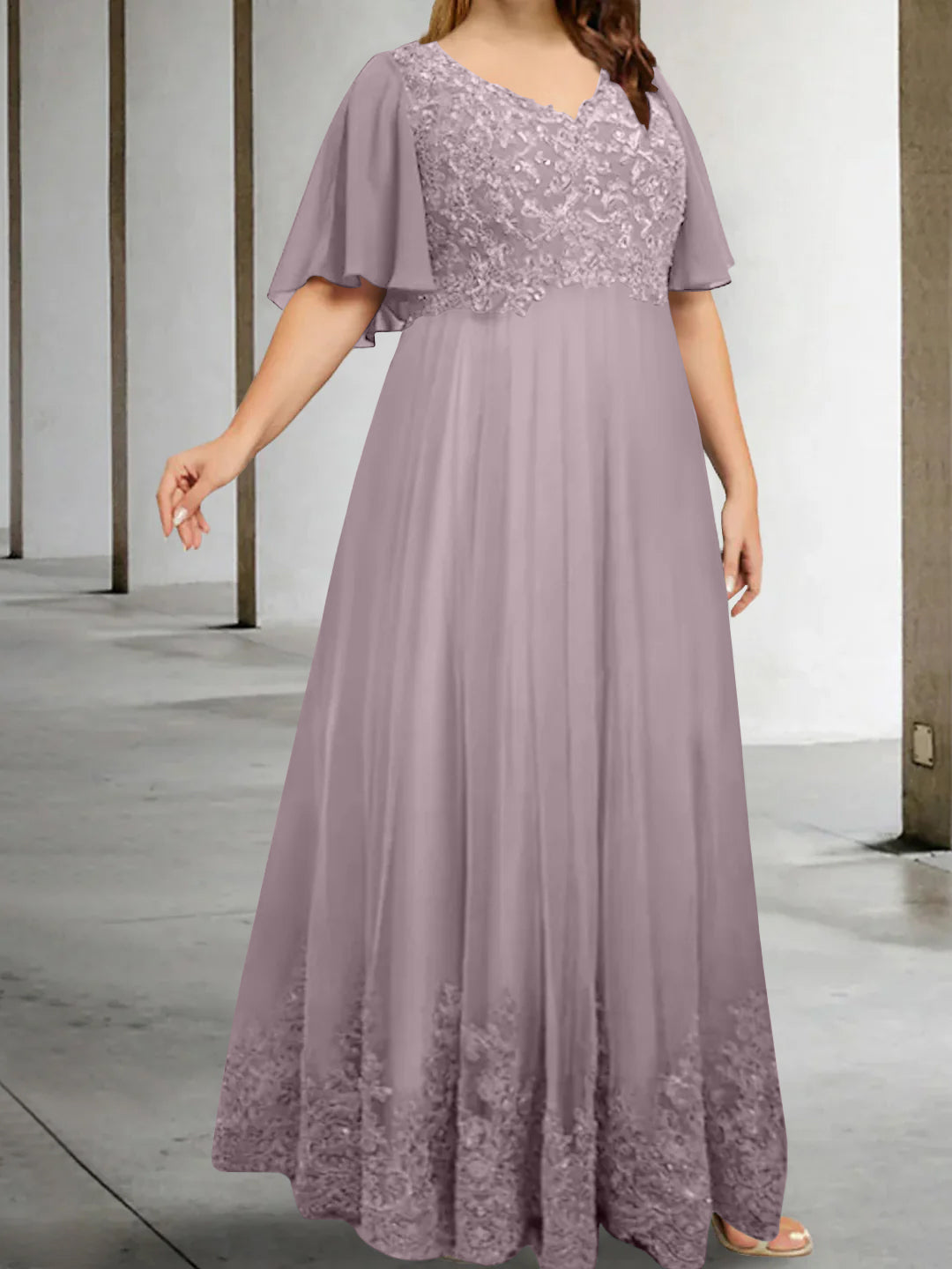 A-Line/Princess V-Neck Half Sleeves Floor-Length Plus Size Mother of the Bride Dresses with Appliques - Image 16