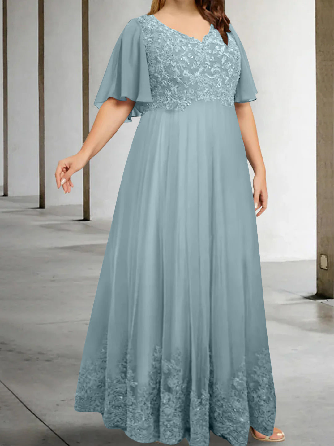 A-Line/Princess V-Neck Half Sleeves Floor-Length Plus Size Mother of the Bride Dresses with Appliques - Image 17