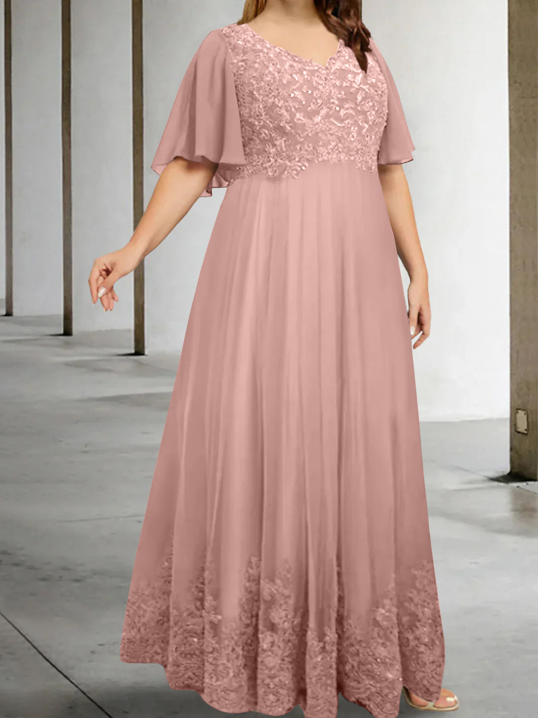 A-Line/Princess V-Neck Half Sleeves Floor-Length Plus Size Mother of the Bride Dresses with Appliques - Image 18