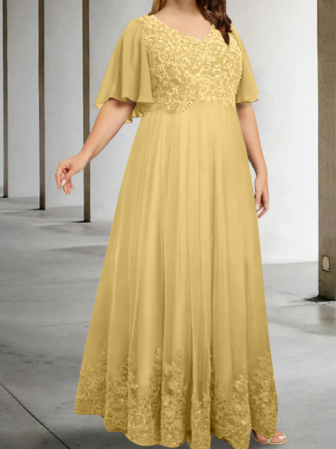 A-Line/Princess V-Neck Half Sleeves Floor-Length Plus Size Mother of the Bride Dresses with Appliques - Image 20