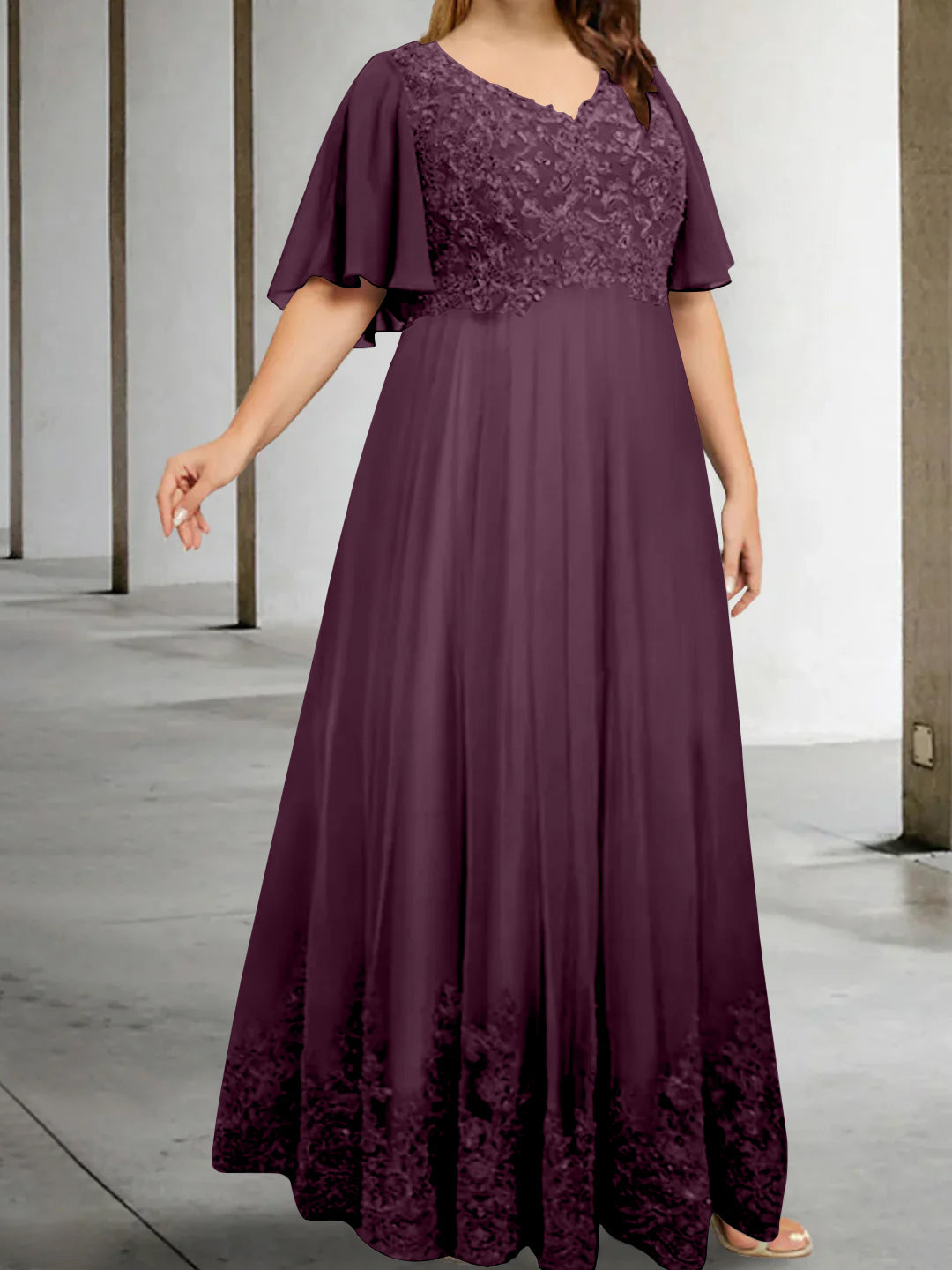 A-Line/Princess V-Neck Half Sleeves Floor-Length Plus Size Mother of the Bride Dresses with Appliques - Image 21
