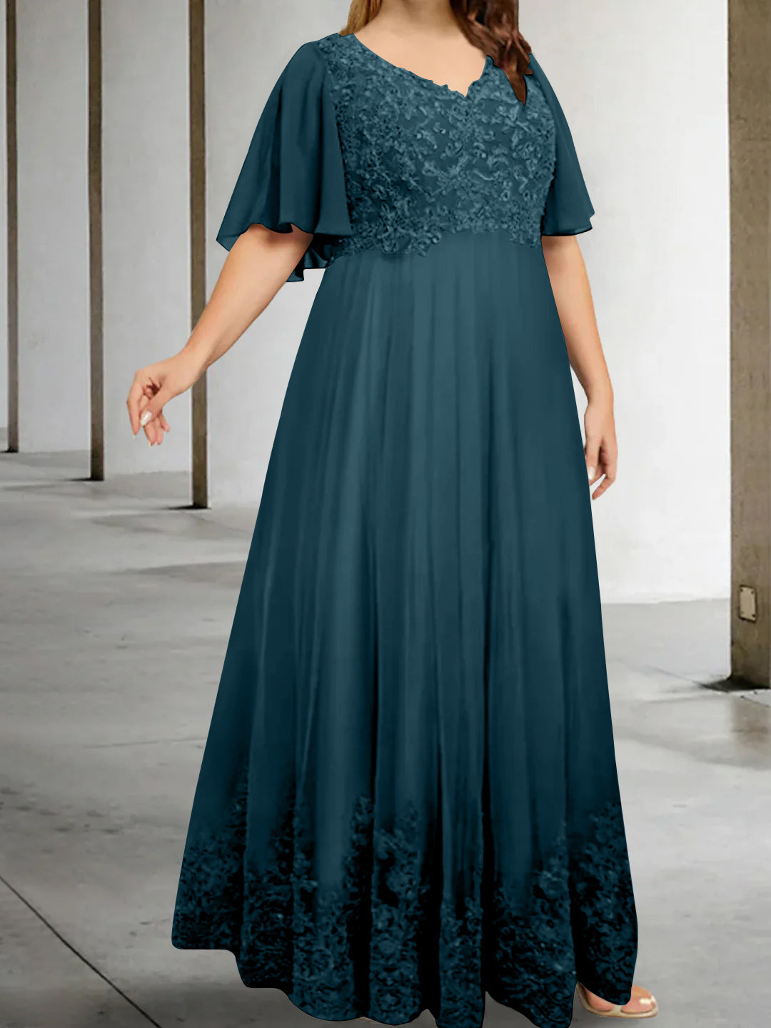 A-Line/Princess V-Neck Half Sleeves Floor-Length Plus Size Mother of the Bride Dresses with Appliques - Image 50