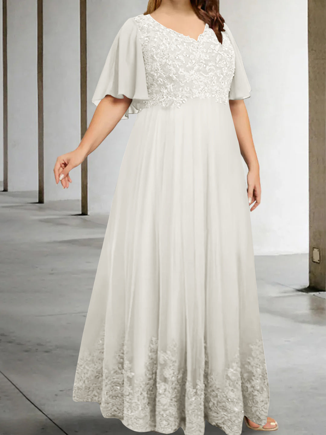 A-Line/Princess V-Neck Half Sleeves Floor-Length Plus Size Mother of the Bride Dresses with Appliques - Image 23