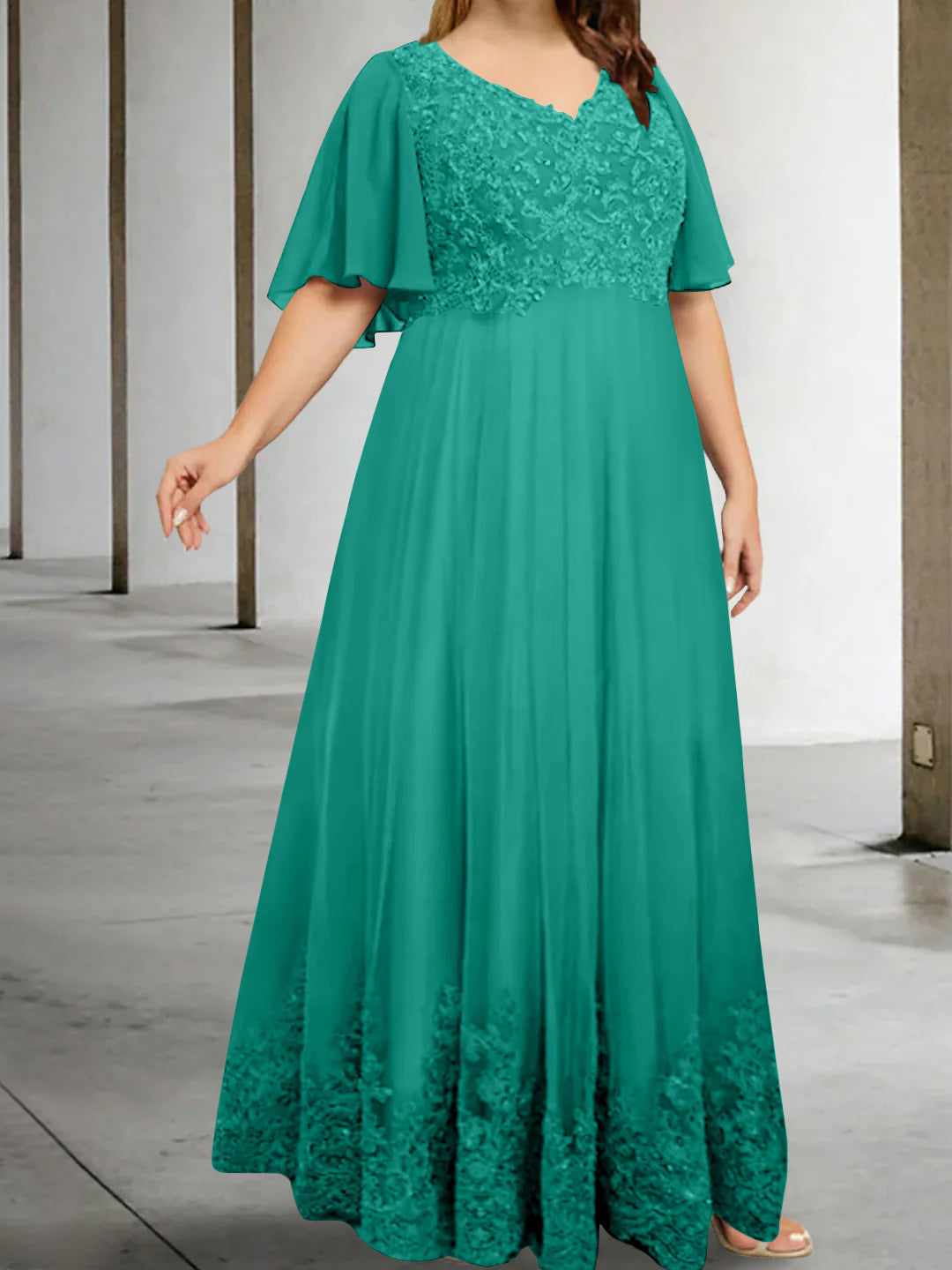 A-Line/Princess V-Neck Half Sleeves Floor-Length Plus Size Mother of the Bride Dresses with Appliques - Image 51