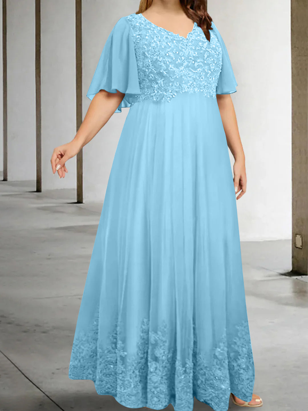 A-Line/Princess V-Neck Half Sleeves Floor-Length Plus Size Mother of the Bride Dresses with Appliques - Image 24